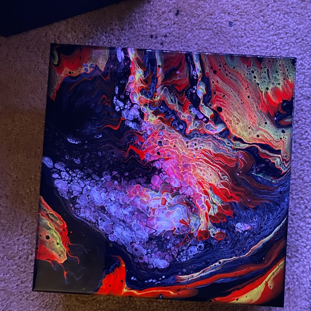 Hand painted 10 by 12 
Orange and black galaxy print